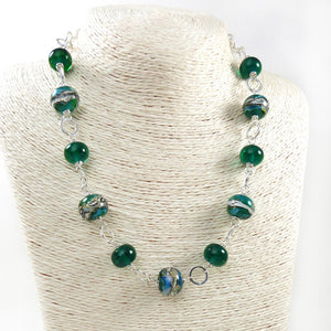 Green glass bead and silver necklace