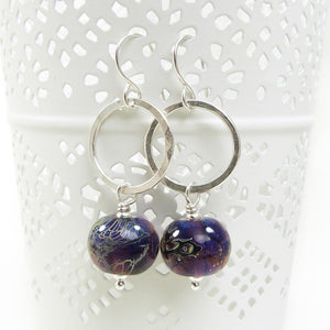 Purple and black lampwork glass and silver drop earrings