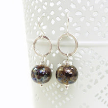Pair of earrings with round brown beads and silver loops on a white background