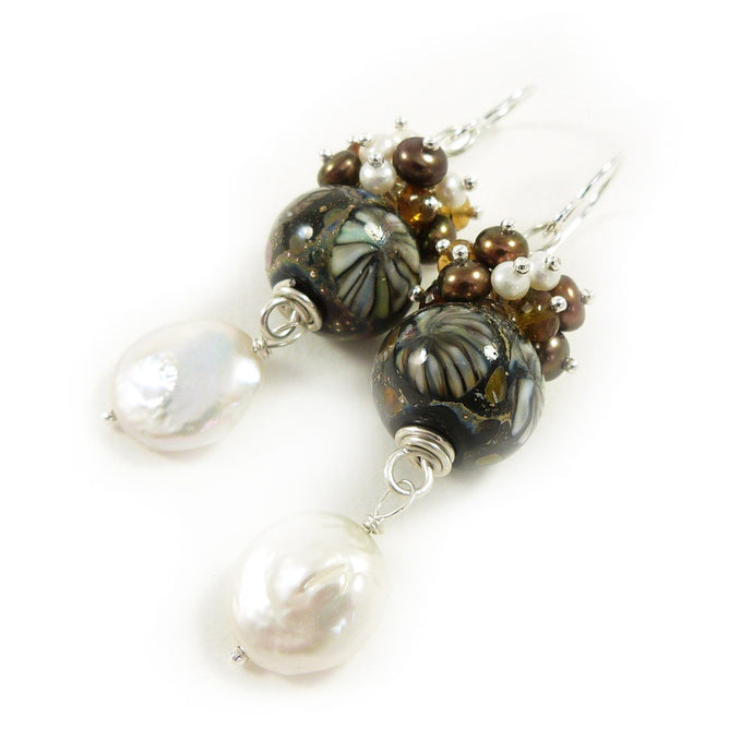 Lampwork glass bead, pearl gemstone and silver drop earrings