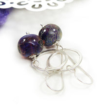 Purple and black lampwork glass and silver drop earrings