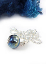 Blue and gold lampwork glass bead pendant with sterling silver chain