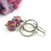 Peachy Pink and Lavender Lampwork Glass and Sterling Silver Drop Earrings
