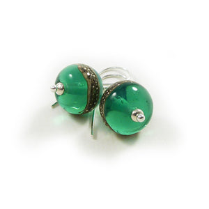 Dark mint green glass bead and silver drop earrings