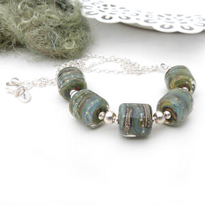 Grey-Green Barrel Bead and Silver Necklace