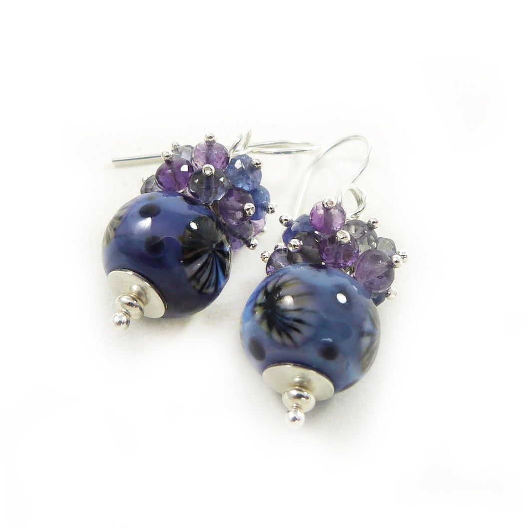 Blue-Purple Lampwork Glass Bead, Gemstone and Sterling Silver Earrings