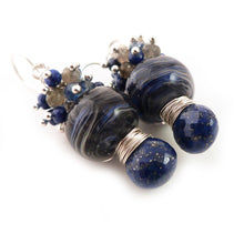 Blue and grey drop earrings with lampwork glass beads, gemstone clusters and lapis lazuli briolettes