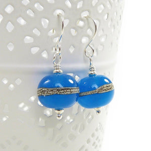 Bright blue glass bead and silver drop earrings