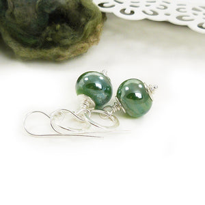 Metallic Green Lampwork Glass and Sterling Silver Drop Earrings