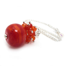 Orange Lampwork glass and carnelian gemstone pendant with sterling silver chain