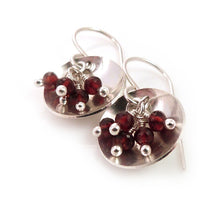 Drop Earrings with garnet gemstones in a sterling silver dish