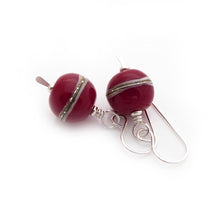 Sterling Silver Drop Earrings with Red lampwork glass beads decorated with silvered ivory stripes