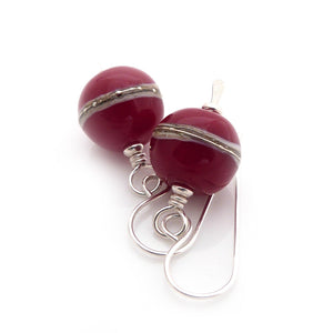 Sterling Silver Drop Earrings with Red lampwork glass beads decorated with silvered ivory stripes