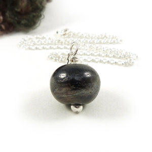 Brown Black Textured Lampwork Glass Bead Pendant and Sterling Silver Chain