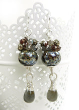 Grey-brown lampwork, gemstone bead and sterling silver long drop earrings