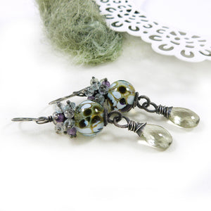 Ethereal Lampwork Glass, Silver and Gemstone Dangle Earrings ~ Fairy Wings ~