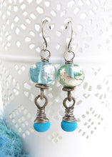 Aqua blue glass and turquoise gemstone with sterling silver drop earrings 