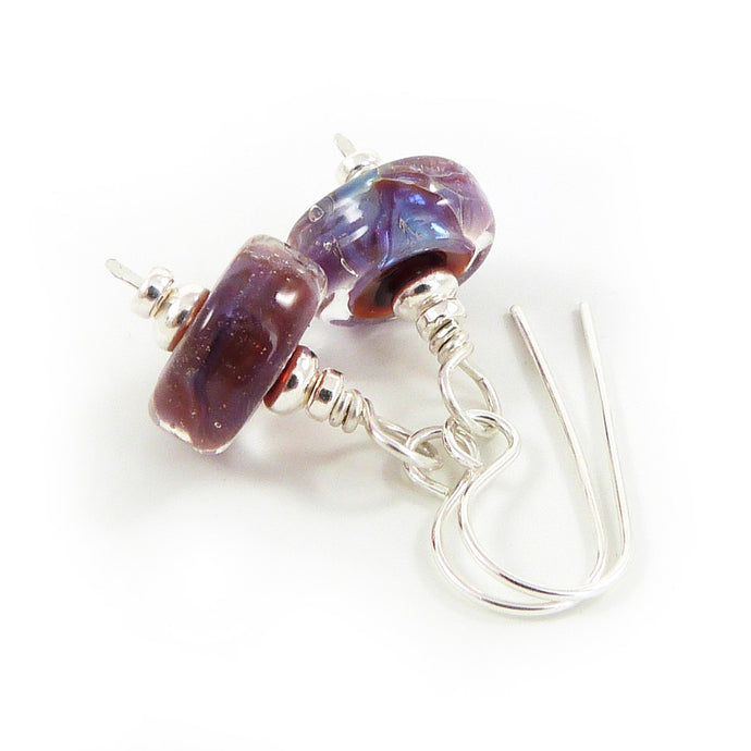 Red Purple Iridescent Lampwork Glass Bead and Sterling Silver Earrings