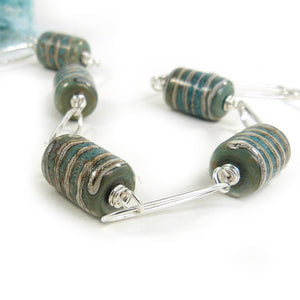 Copper Green Barrel bead necklace with handmade sterling silver chain
