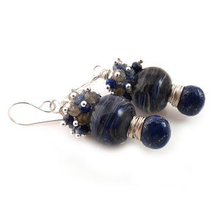 Blue and grey drop earrings with lampwork glass beads, gemstone clusters and lapis lazuli briolettes