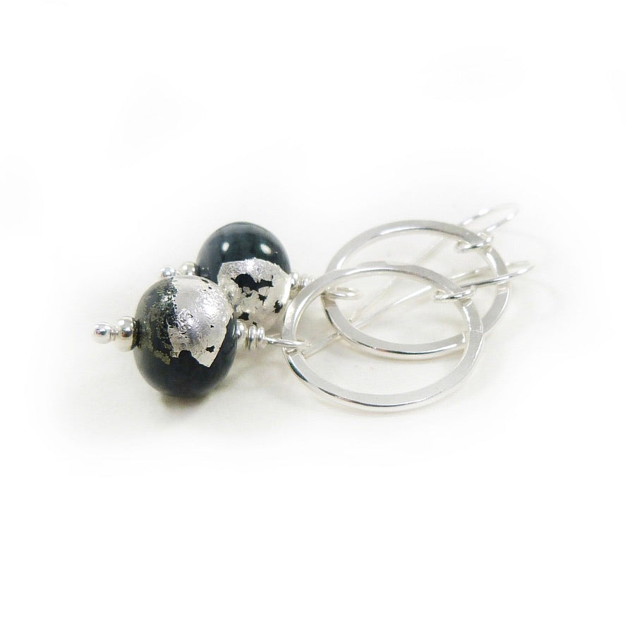 Dark Grey Lampwork Glass and Sterling Silver Drop Earrings