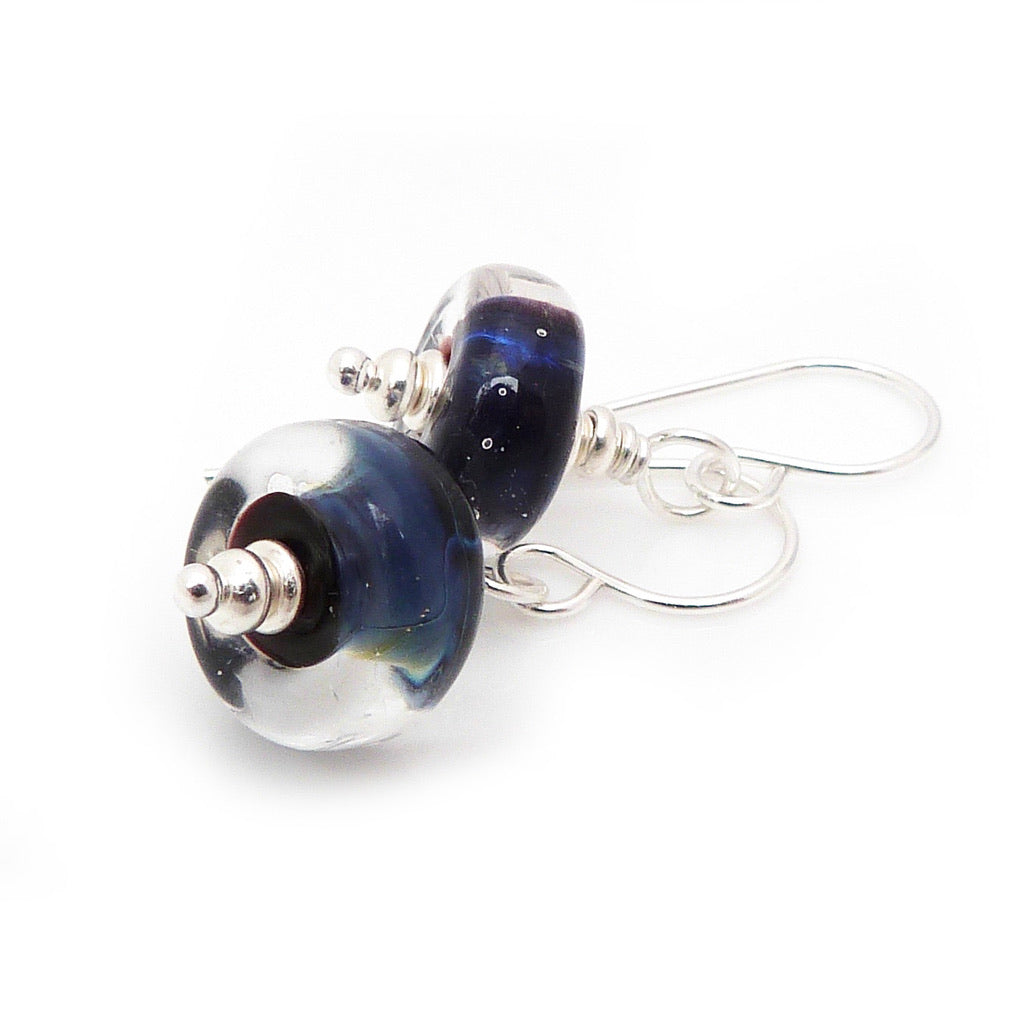 Dark Blue Lampwork Glass Bead and sterling silver drop earrings