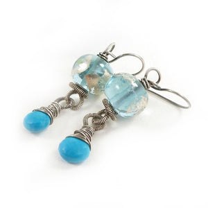 Aqua blue glass and turquoise gemstone with sterling silver drop earrings 