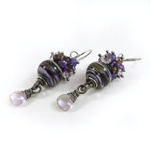 Stripy lampwork glass and gemstone bead dangle earrings