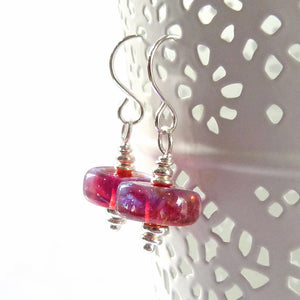 Magenta Pink Glass Bead and Sterling Silver Drop Earrings