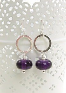 Purple glass bead and silver circle drop earrings