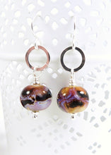 Pink and black lampwork glass and silver drop earrings