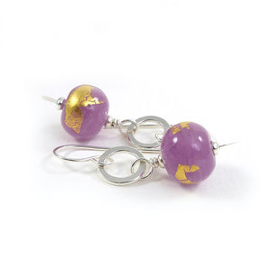 Heather Purple and gold leaf lampork glass bead and sterling silver drop earrings