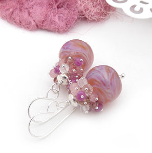 peachy pink lampwork glass and gemstone bead earrings