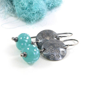 Ice Mint Green Lampwork Glass Bead and Snowflake Disc Oxidised Silver Drop Earrings