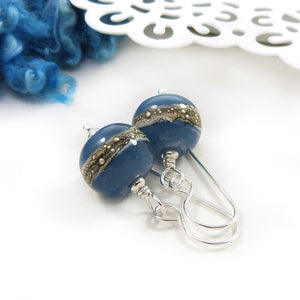 denim blue lampwork glass bead and silver drop earrings