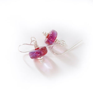 Silvered Magenta Lampwork Glass Bead and Sterling Silver Earrings