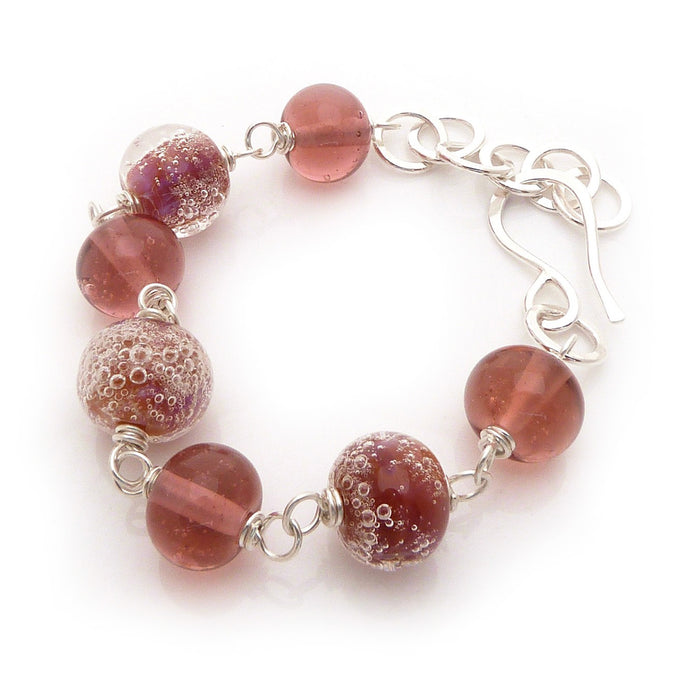 Warm Rose Pink Lampwork Glass Bead and Sterling Silver Bracelet ~Rosy Bubbles~