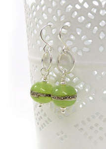Lime green glass bead and silver circle drop earrings