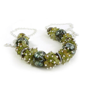 Green lampwork glass, gemstone and sterling silver necklace
