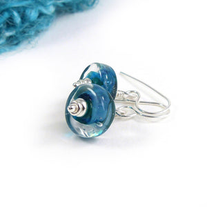 Silvered Teal Lampwork Glass Bead and Sterling Silver Earrings