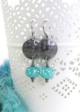 Ice Mint Green Lampwork Glass Bead and Snowflake Disc Oxidised Silver Drop Earrings