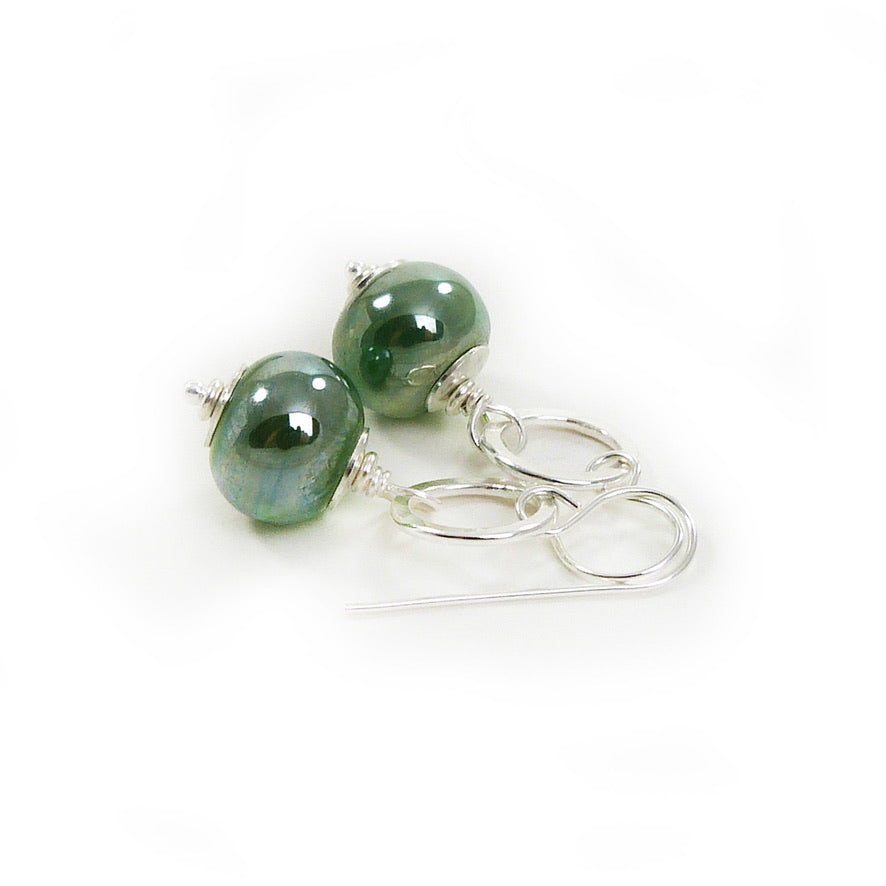 Metallic Green Lampwork Glass and Sterling Silver Drop Earrings