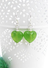 Bright Green Lampwork Glass Heart Drop Earrings
