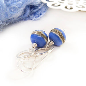 Periwinkle blue glass bead and silver circle drop earrings