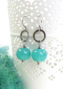 Mint green lampwork glass bead and oxidised silver drop earrings