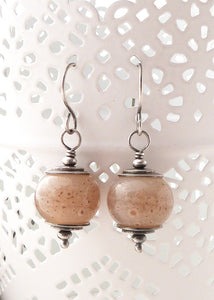 Creamy beige lamowork glass and sterling silver drop earrings
