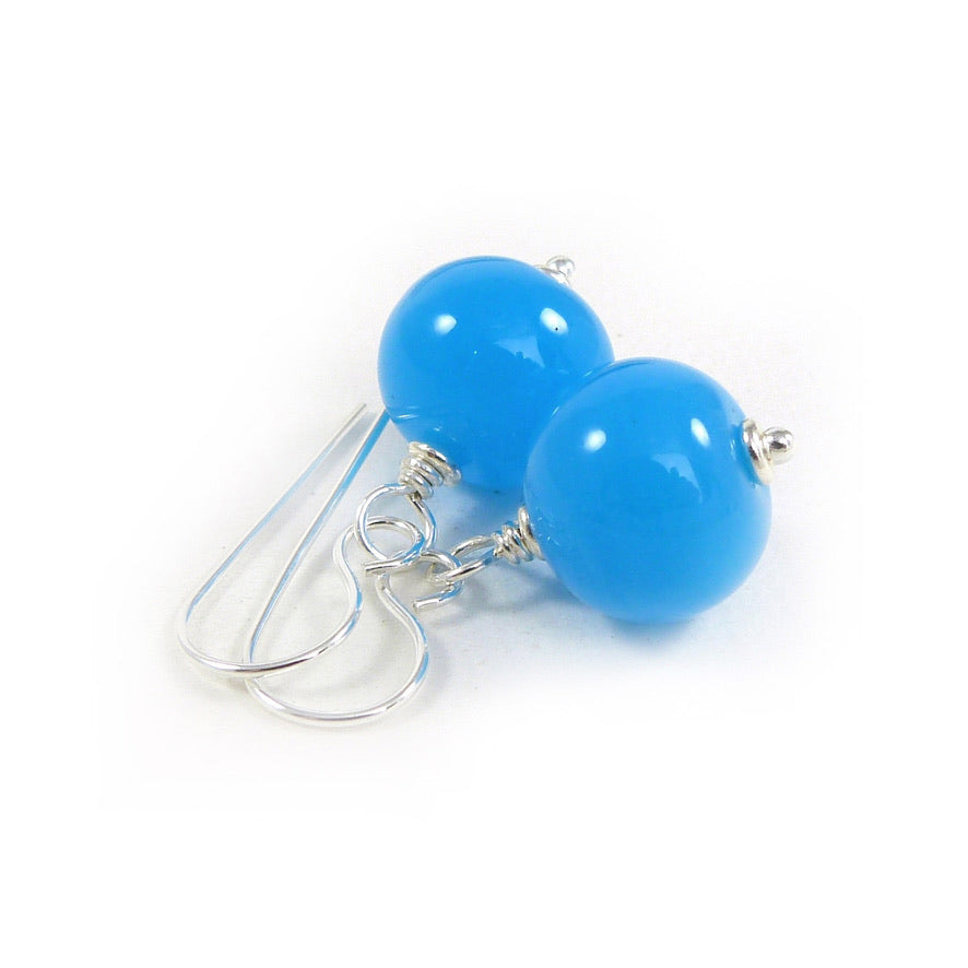 Bright Blue Lampwork Glass Bead and Silver Earrings