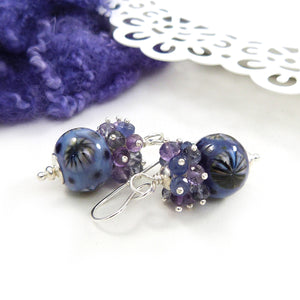Blue-Purple Lampwork Glass Bead, Gemstone and Sterling Silver Earrings