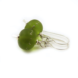 Grass Green Etched Lampwork Glass and Silver Drop Earrings