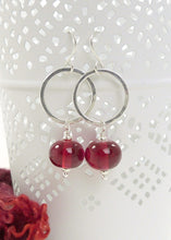 Red glass bead and silver circle drop earrings